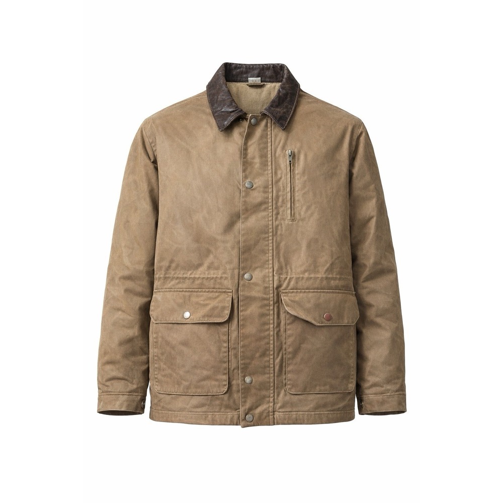 Barn Chore Jacket Canvas Men Medium Khaki Lined Full-Zip & Snaps Leather Trim